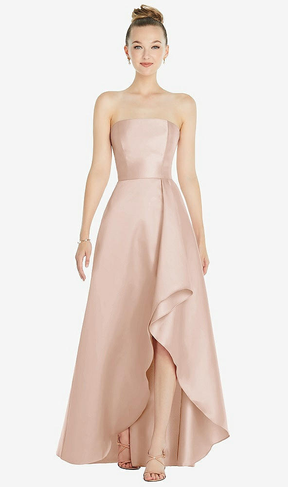 Front View - Cameo Strapless Satin Gown with Draped Front Slit and Pockets