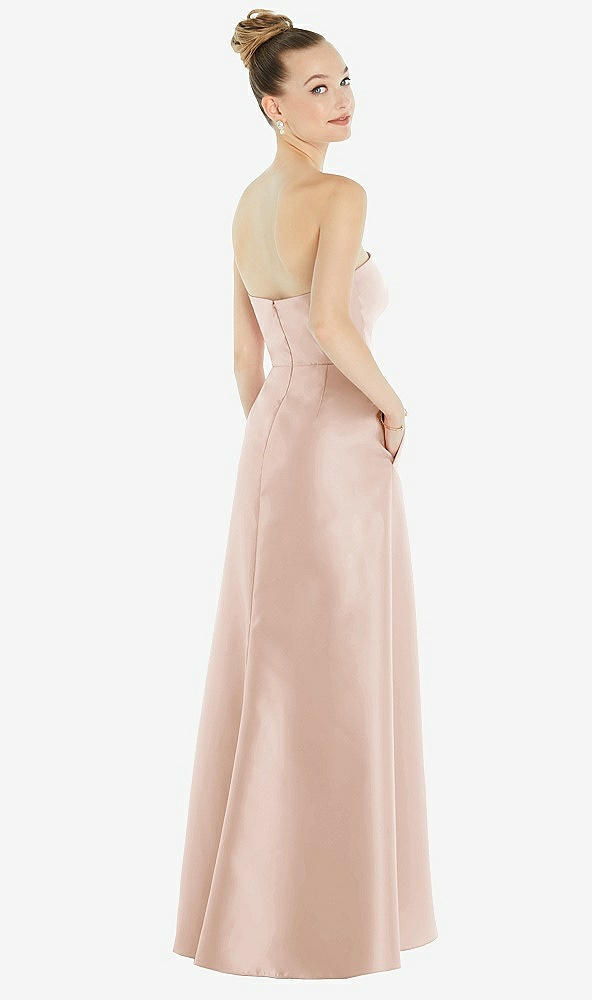Back View - Cameo Strapless Satin Gown with Draped Front Slit and Pockets
