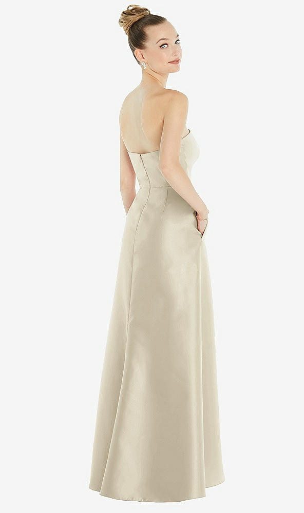 Back View - Champagne Strapless Satin Gown with Draped Front Slit and Pockets