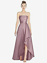 Front View Thumbnail - Dusty Rose Strapless Satin Gown with Draped Front Slit and Pockets