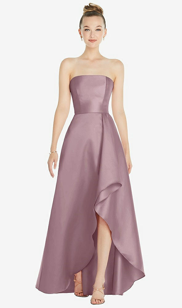 Front View - Dusty Rose Strapless Satin Gown with Draped Front Slit and Pockets