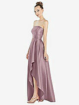 Side View Thumbnail - Dusty Rose Strapless Satin Gown with Draped Front Slit and Pockets