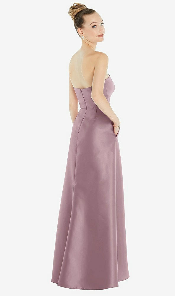 Back View - Dusty Rose Strapless Satin Gown with Draped Front Slit and Pockets