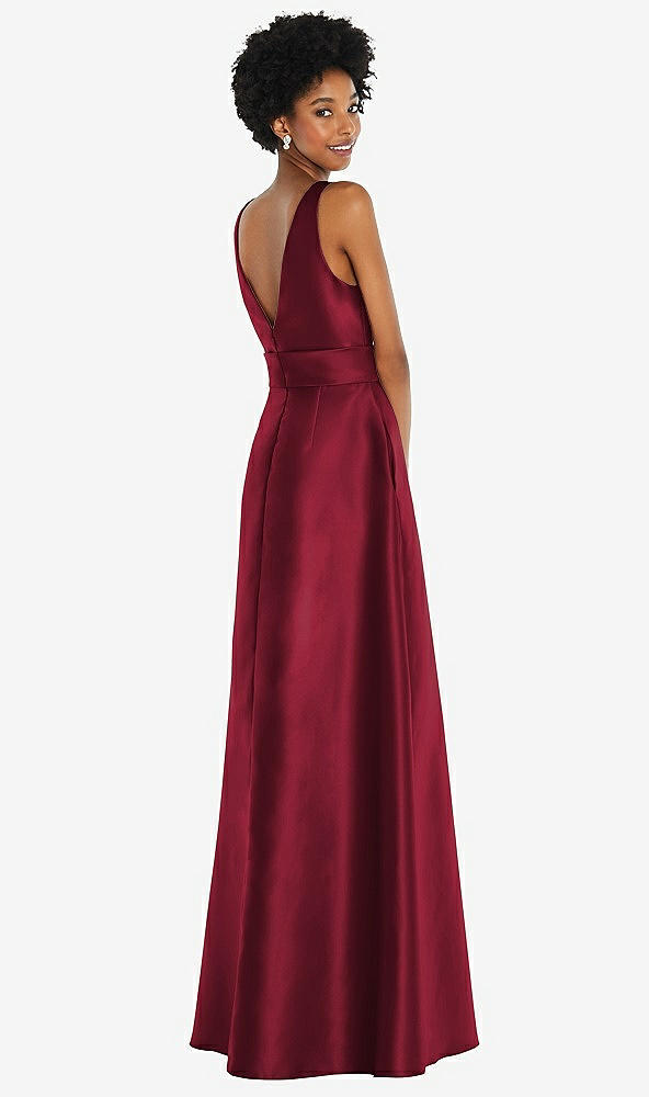 Back View - Burgundy Jewel-Neck V-Back Maxi Dress with Mini Sash
