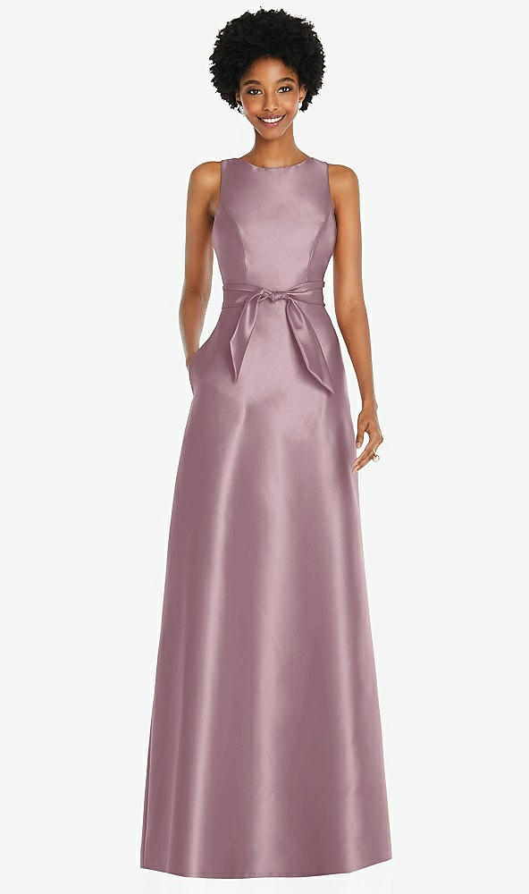 Front View - Dusty Rose Jewel-Neck V-Back Maxi Dress with Mini Sash