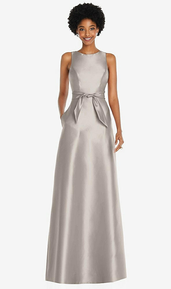 Front View - Taupe Jewel-Neck V-Back Maxi Dress with Mini Sash