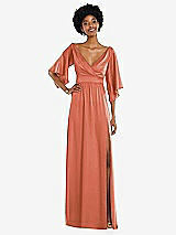 Front View Thumbnail - Terracotta Copper Asymmetric Bell Sleeve Wrap Maxi Dress with Front Slit
