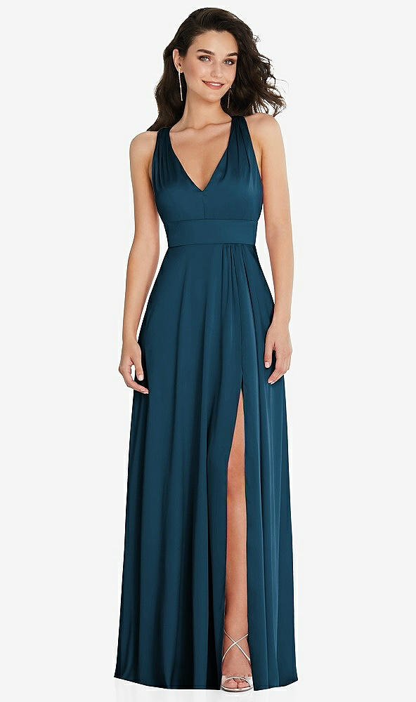 Front View - Atlantic Blue Shirred Shoulder Criss Cross Back Maxi Dress with Front Slit
