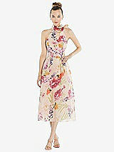 Front View Thumbnail - Penelope Floral Print Scarf-Tie High-Neck Halter Pink Floral Organdy Midi Dress