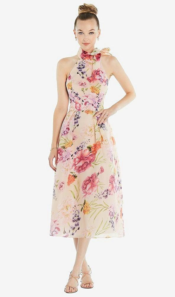 Front View - Penelope Floral Print Scarf-Tie High-Neck Halter Pink Floral Organdy Midi Dress