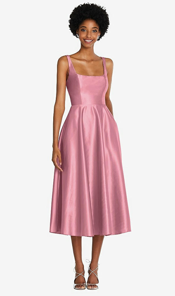 Front View - Carnation Square Neck Full Skirt Satin Midi Dress with Pockets
