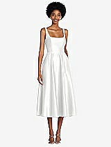 Front View Thumbnail - White Square Neck Full Skirt Satin Midi Dress with Pockets