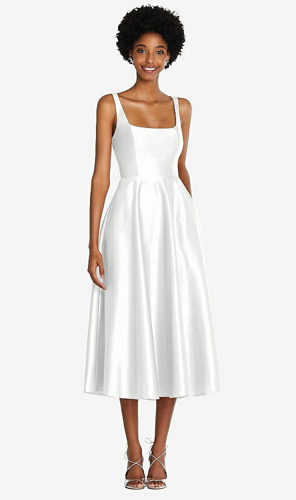 Front View - White Square Neck Full Skirt Satin Midi Dress with Pockets
