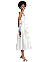 Side View Thumbnail - White Square Neck Full Skirt Satin Midi Dress with Pockets