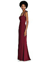 Side View Thumbnail - Burgundy Tie Halter Open Back Trumpet Gown 