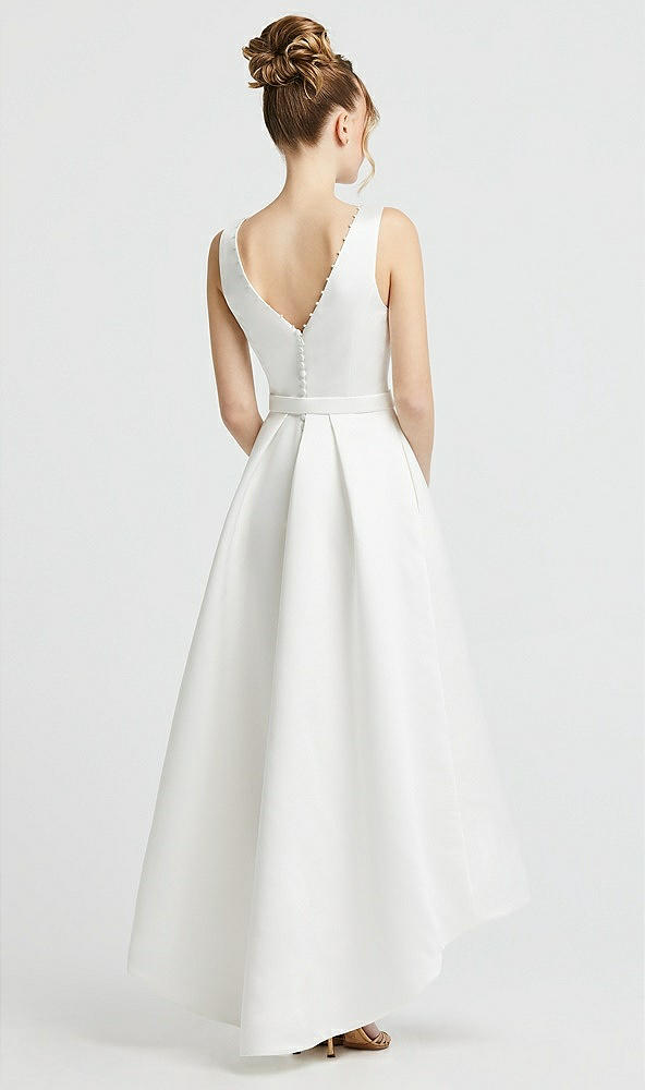 Back View - Off White Deep V-Neck High Low Satin Wedding Dress with Pockets
