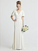 Front View Thumbnail - Ivory Pearl Trimmed V-Neck Mermaid Wedding Dress with Bell Sleeves