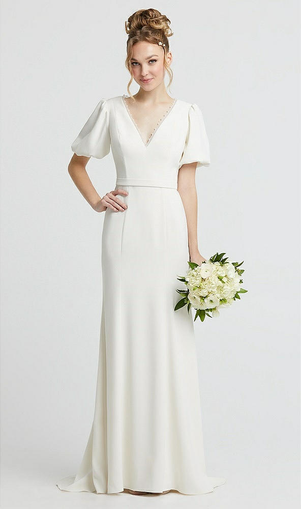 Front View - Ivory Pearl Trimmed V-Neck Mermaid Wedding Dress with Bell Sleeves