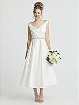 Front View Thumbnail - Off White Draped Off-the-Shoulder Satin Wedding Dress with Beaded Belt