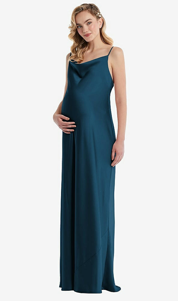 Front View - Atlantic Blue Cowl-Neck Tie-Strap Maternity Slip Dress