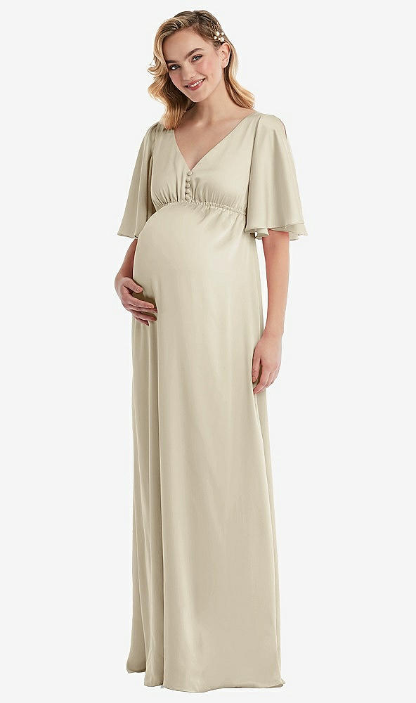 Front View - Champagne Flutter Bell Sleeve Empire Maternity Dress