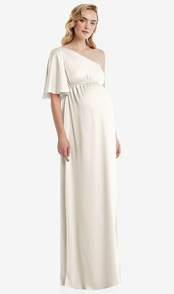 Front View - Ivory One-Shoulder Flutter Sleeve Maternity Dress