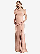 Front View Thumbnail - Pale Peach One-Shoulder Ruffle Sleeve Maternity Trumpet Gown