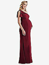 Side View Thumbnail - Burgundy One-Shoulder Ruffle Sleeve Maternity Trumpet Gown