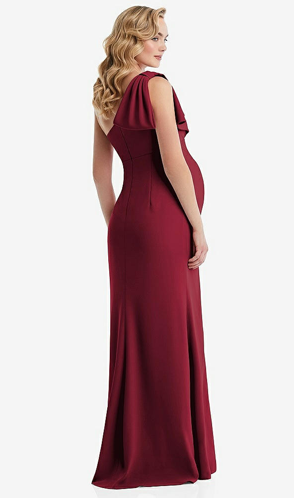 Back View - Burgundy One-Shoulder Ruffle Sleeve Maternity Trumpet Gown