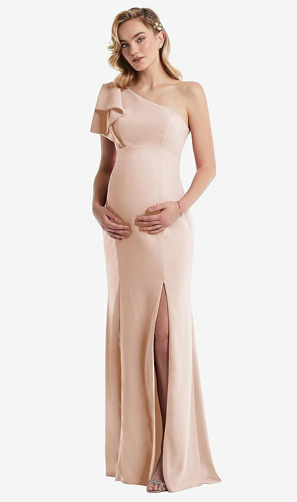 Front View - Cameo One-Shoulder Ruffle Sleeve Maternity Trumpet Gown