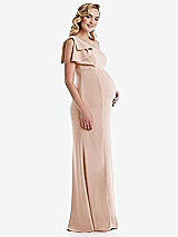 Side View Thumbnail - Cameo One-Shoulder Ruffle Sleeve Maternity Trumpet Gown