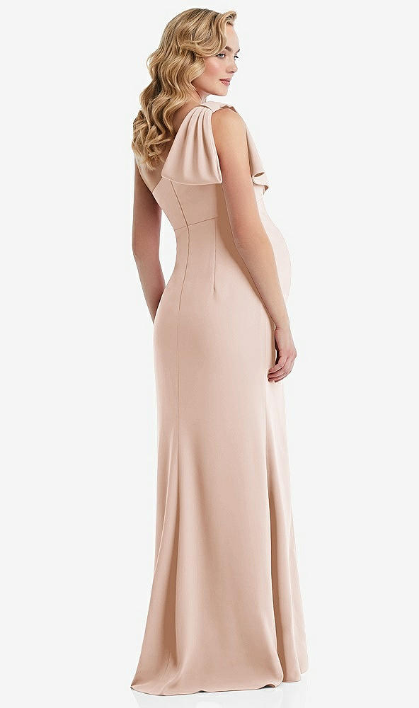 Back View - Cameo One-Shoulder Ruffle Sleeve Maternity Trumpet Gown