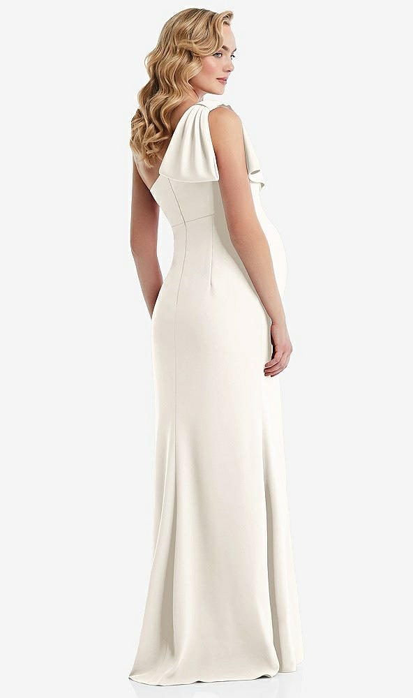 Back View - Ivory One-Shoulder Ruffle Sleeve Maternity Trumpet Gown