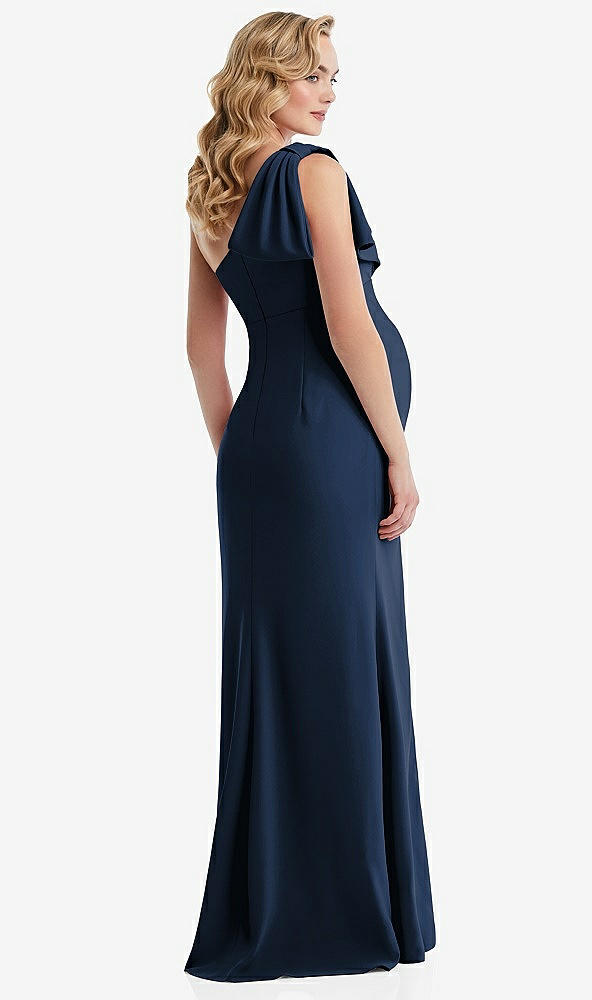 Back View - Midnight Navy One-Shoulder Ruffle Sleeve Maternity Trumpet Gown