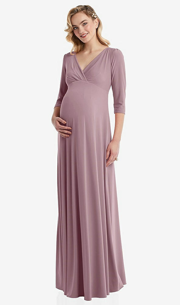 Front View - Dusty Rose 3/4 Sleeve Wrap Bodice Maternity Dress