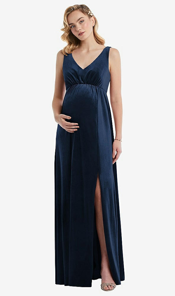 Front View - Midnight Navy V-Neck Closed-Back Velvet Maternity Dress with Pockets