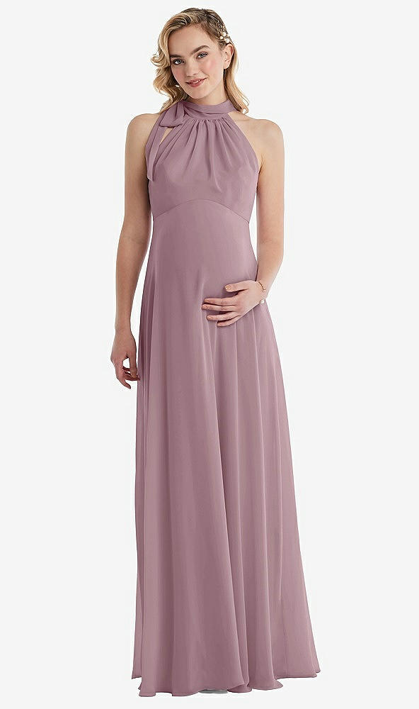 Front View - Dusty Rose Scarf Tie High Neck Halter Chiffon Maternity Dress