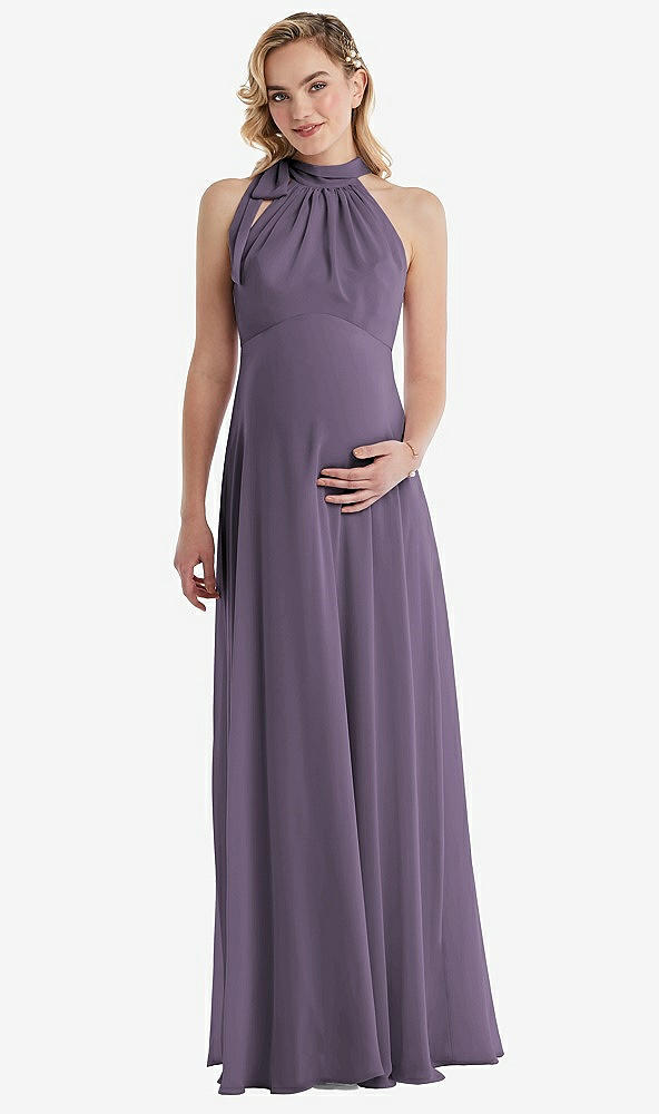Front View - Lavender Scarf Tie High Neck Halter Chiffon Maternity Dress