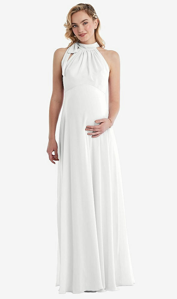 Front View - White Scarf Tie High Neck Halter Chiffon Maternity Dress