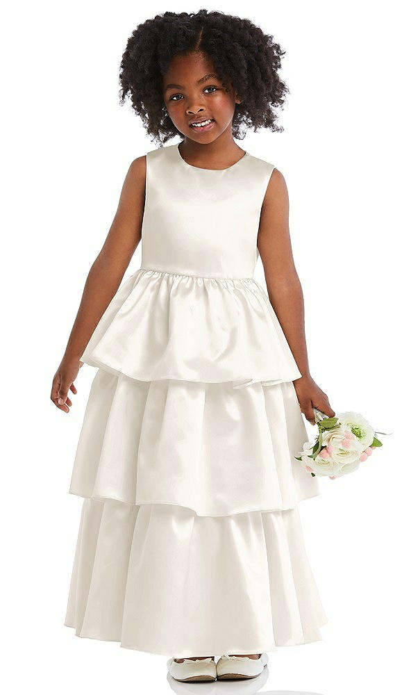 Front View - Ivory Jewel Neck Tiered Skirt Satin Flower Girl Dress