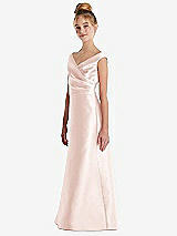 Side View Thumbnail - Blush Off-the-Shoulder Draped Wrap Satin Junior Bridesmaid Dress
