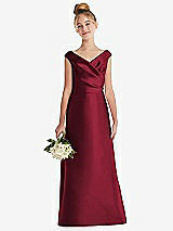 Front View Thumbnail - Burgundy Off-the-Shoulder Draped Wrap Satin Junior Bridesmaid Dress