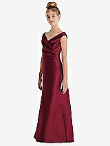Side View Thumbnail - Burgundy Off-the-Shoulder Draped Wrap Satin Junior Bridesmaid Dress