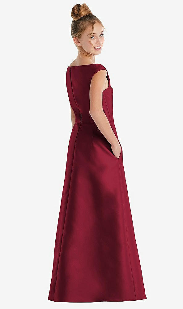 Back View - Burgundy Off-the-Shoulder Draped Wrap Satin Junior Bridesmaid Dress