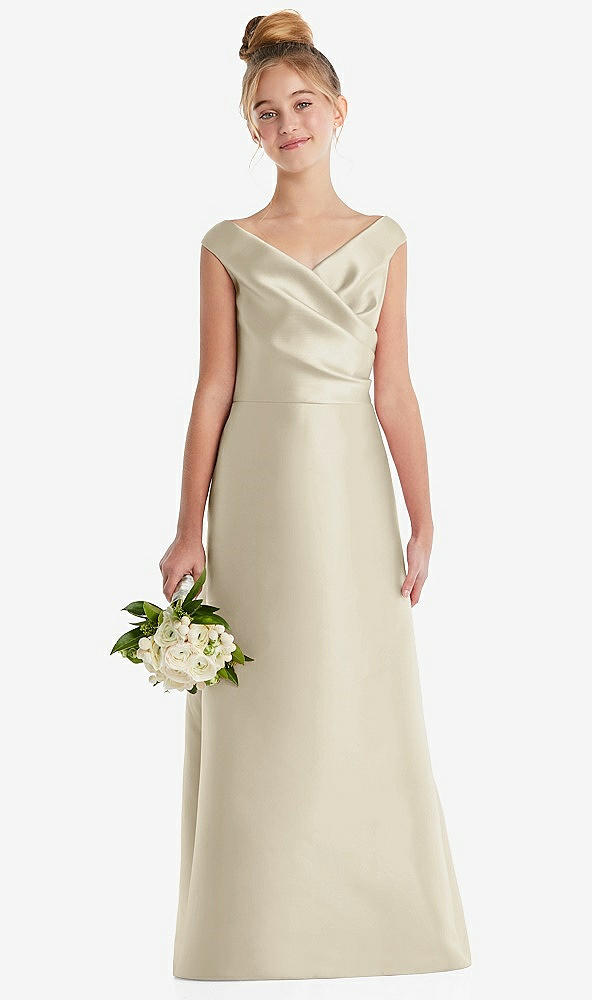Front View - Champagne Off-the-Shoulder Draped Wrap Satin Junior Bridesmaid Dress