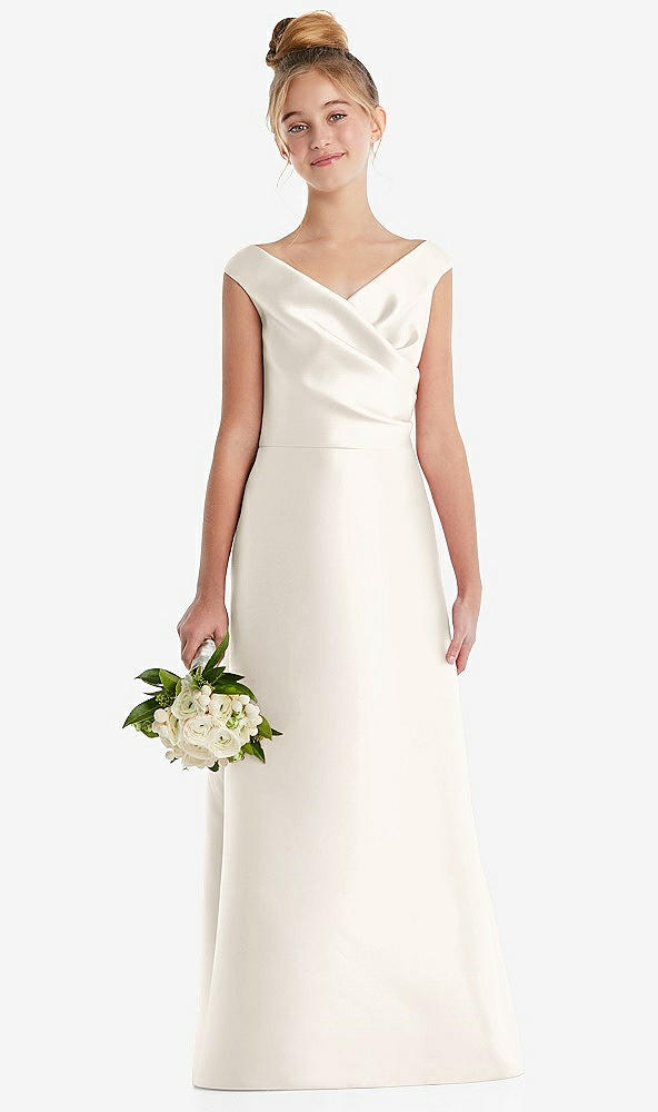Front View - Ivory Off-the-Shoulder Draped Wrap Satin Junior Bridesmaid Dress
