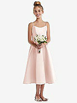 Front View Thumbnail - Blush Adjustable Spaghetti Strap Satin Midi Junior Bridesmaid Dress