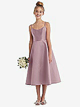 Alt View 1 Thumbnail - Dusty Rose Adjustable Spaghetti Strap Satin Midi Junior Bridesmaid Dress