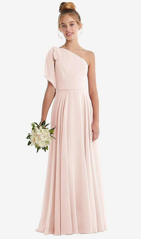 Front View - Blush One-Shoulder Scarf Bow Chiffon Junior Bridesmaid Dress