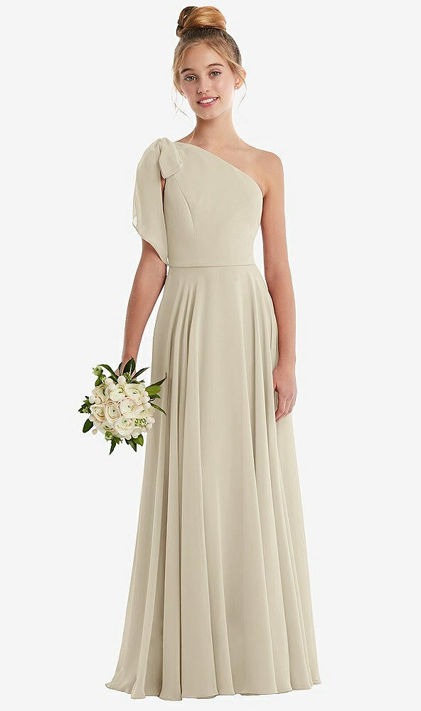 Front View - Champagne One-Shoulder Scarf Bow Chiffon Junior Bridesmaid Dress